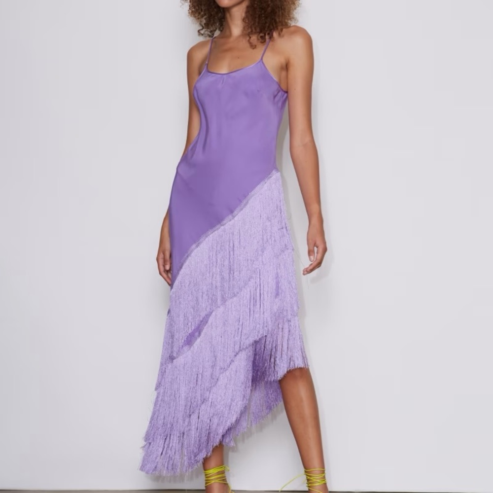 DELFI COLLECTIVE Cristina Asymmetrical Fringe 100% Silk‎ Dress - Purple